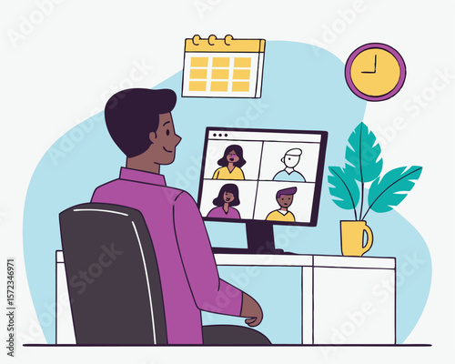 Illustration of a man participating in a video conference meeting on a white background