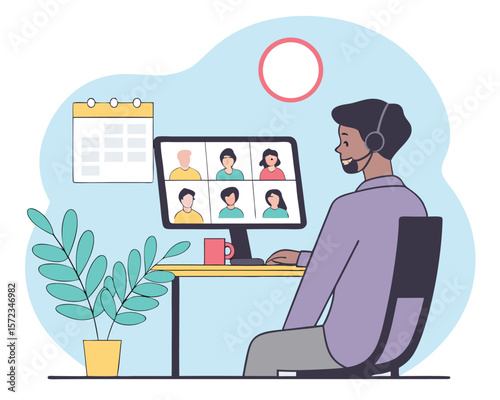 Illustration of a man in a video conference meeting at home with colleagues.