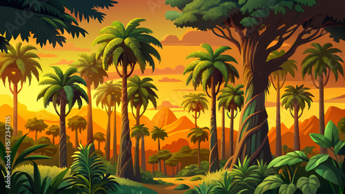 Tropical jungle vector, Southeast Asia rainforest, lush green foliage, August wet season, dense vegetation, exotic nature, wild habitat, biodiversity, misty canopy, humid wilderness, adventure scene