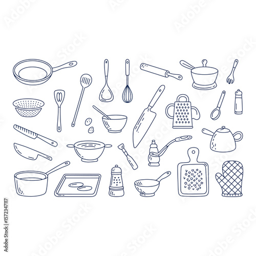 Hand drawn Kitchen Utensil Collection Blue Line Art Simple Style Cheerful Mood Baking and Cooking Tools