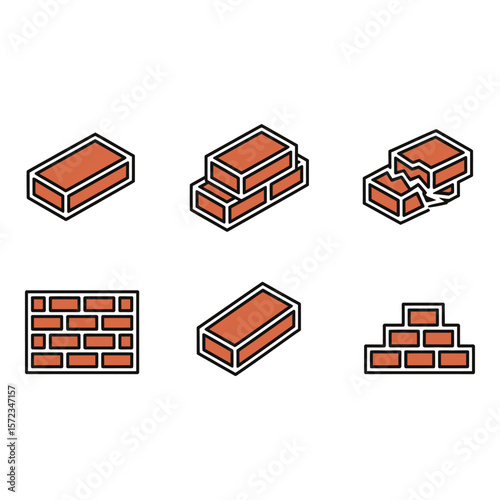 Isometric Brick Icons Single Stacked Broken Wall and Pyramid Construction Building and Repair Concepts