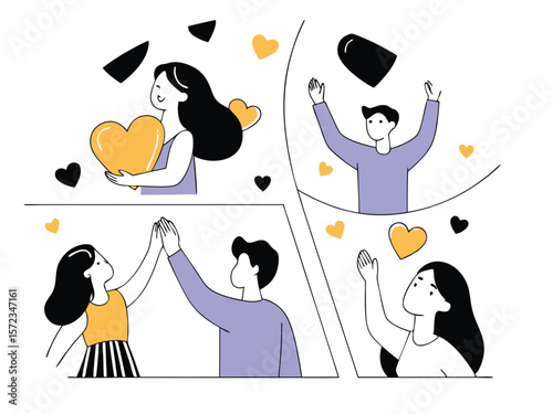Joyful illustrated scene of people with hearts celebrating community and happiness