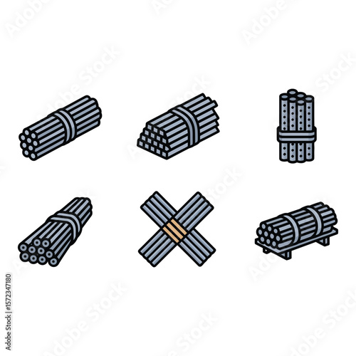 Isometric Steel Pipes Bundles Industrial Construction Material Icon Set