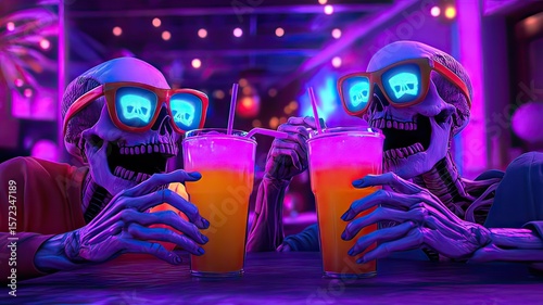 Skeleton couple toasting drinks at summerween festival colorful atmosphere digital art