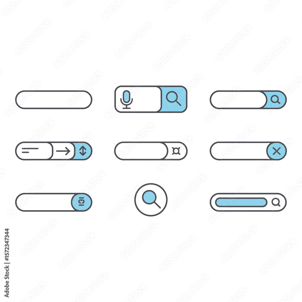 Modern UI Search Bar and Navigation Buttons Clean Minimalist Light Blue and Gray Icons Set