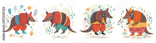 Colorful armadillos wearing sweaters in a cute naive style design  