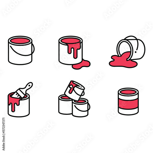 Red Paint Can Icons Modern Line Art Various Stages Creative Mood DIY Project Graphics