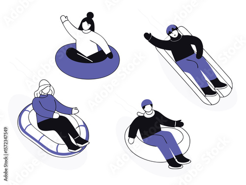 People enjoying winter fun sliding downhill on snow tubes and sleds vector illustration
