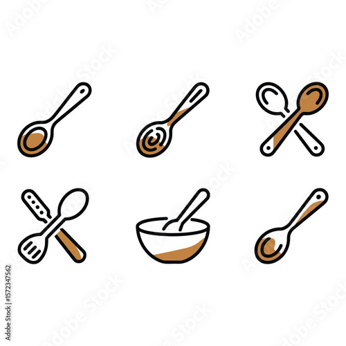 Wooden Spoons and Utensil Icons Simple Line Art Brown and White Cooking Theme