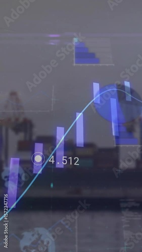 Animation of financial data processing over sea port and drone carrying box