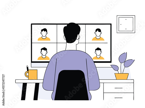 Person attending video conference meeting with colleagues on a white background