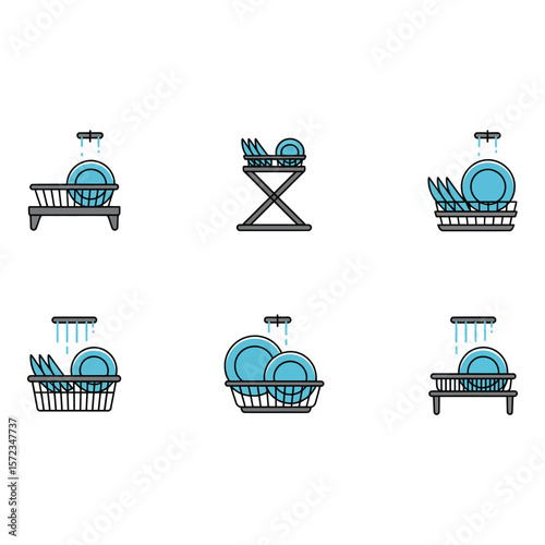 Clean Dishes Drying Racks Modern Minimalist Line Art Icons Set