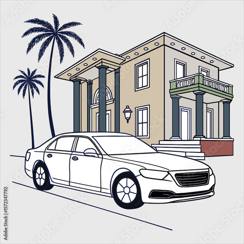 Generic car parked in front of a grand mansion with palm trees isolated on white background