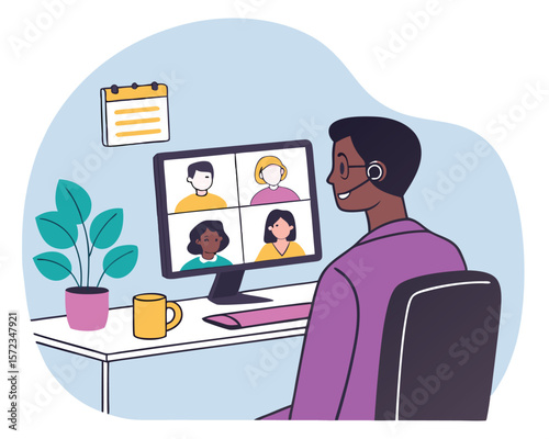 Remote worker engaged in a video conference call with diverse colleagues