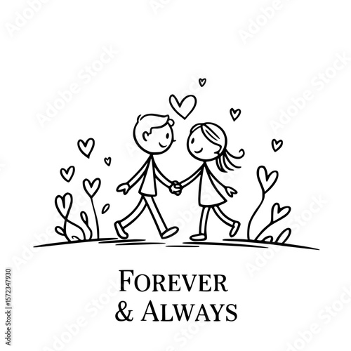 Forever and Always: A charming hand-drawn illustration showcases a couple in love, strolling hand-in-hand with hearts, symbolizing eternal affection.  