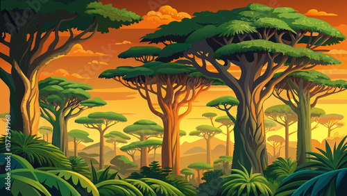 Tropical jungle vector, Southeast Asia rainforest, lush green foliage, August wet season, dense vegetation, exotic nature, wild habitat, biodiversity, misty canopy, humid wilderness, adventure scene