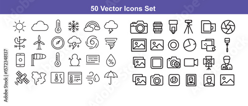 50 outline vector icons set featuring weather, photography, and miscellaneous symbols