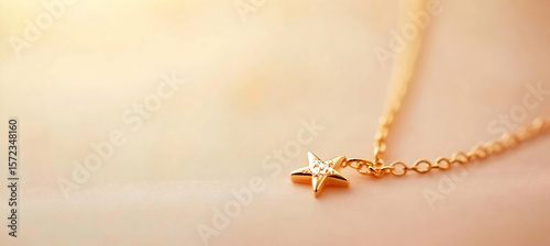 Elegant gold necklace with pendant in close-up with soft lighting and a peach-toned background highlighting minimalist jewelry photography style

