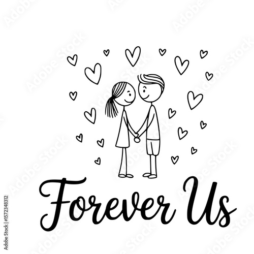 Forever Us: Delicate lines trace a couple hand-in-hand, their hearts entwined amidst a constellation of floating hearts, embodying everlasting love.