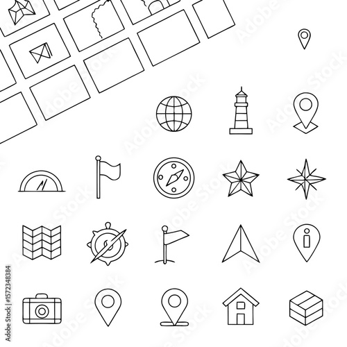 Outline icons of map elements including globe, compass, lighthouse, flag and location markers displayed