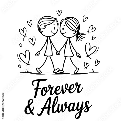 Forever & Always: An endearing sketch of a couple, hands clasped, strolling hand in hand amidst a flurry of hearts, embodying eternal love and togetherness.