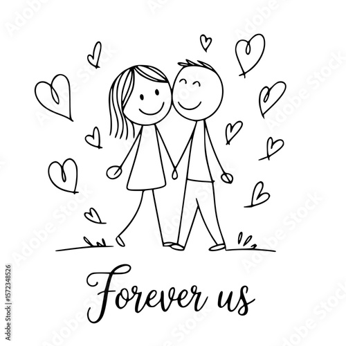 Forever us: A tender illustration depicting a couple in love, hand in hand, with hearts symbolizing affection and togetherness.