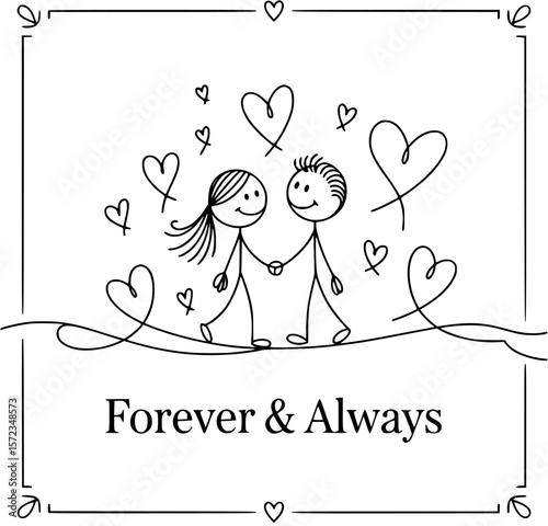 Forever & Always: a stick figure couple represents love, togetherness, and eternal commitment, surrounded by charming heart symbols