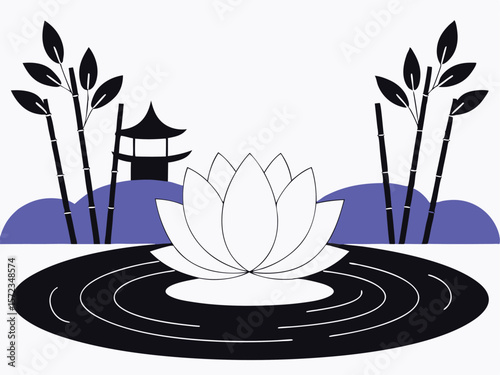 Tranquil lotus pond illustration with bamboo pagoda and water lilies on white background