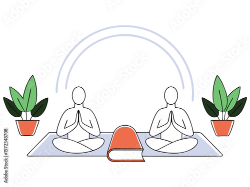 Two people meditating with plants and a book on a white background flat vector illustration