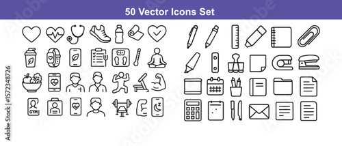 Set of 50 line art vector icons: health, fitness, and office supplies
