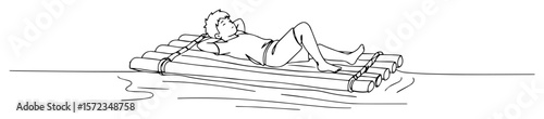 man relaxing on wooden raft in sea outline drawing