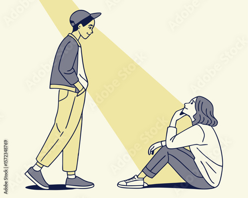 Two young adults meeting together in thoughtful mood and contemplative stance