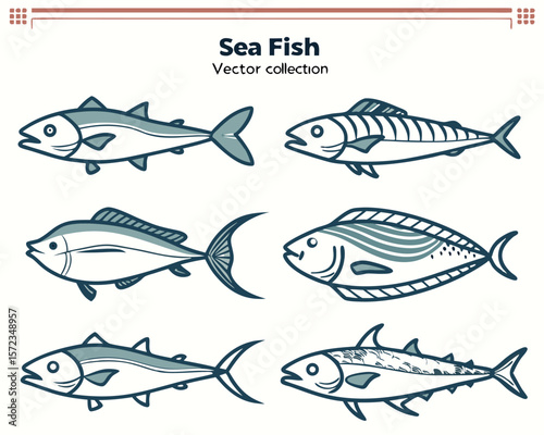 Vector illustration of six different fish species with line art style and blue tones