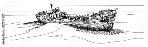 shipwreck on shore hand drawn vector