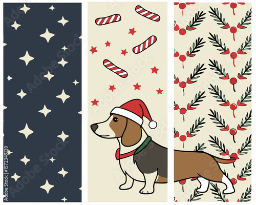 Whimsical christmas patterns with a beagle dog and festive decorative elements