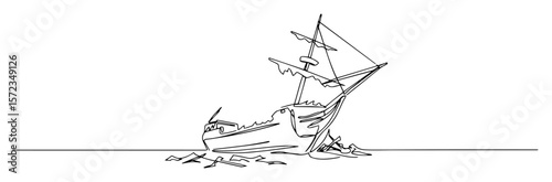sunken shipwreck under sea line art
