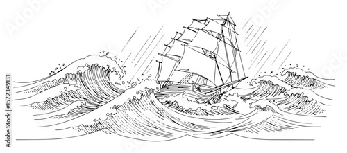 sailing ship in stormy ocean waves line art