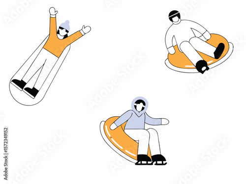 Winter fun cartoon illustration of people snow tubing on a white background