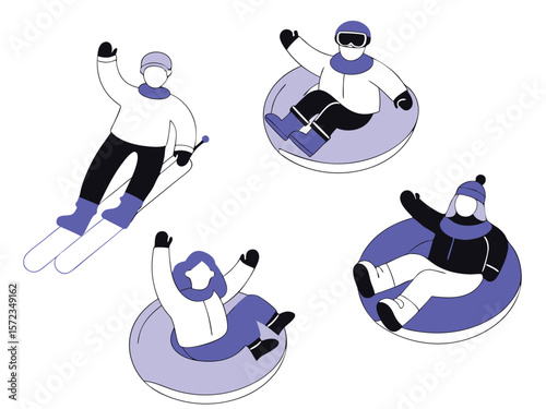 Winter fun illustrated cartoon style depicting snow tubing skiing and winter activities