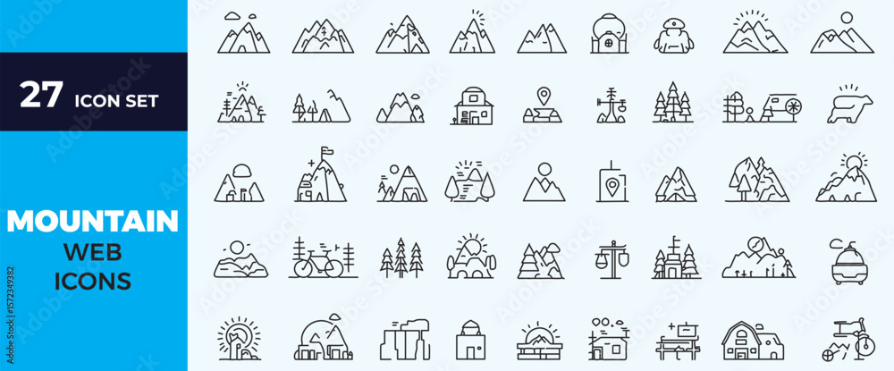 Naklejka premium Mountain peak line icons set vector illustration outdoor adventure hiking climbing tourism travel nature landscape symbols