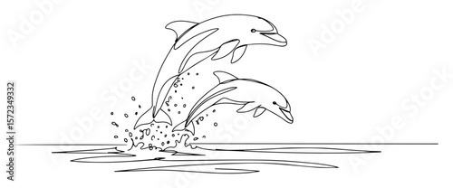 two dolphins jumping from water outline art