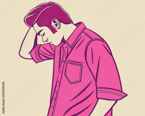 Stylish man contemplating in pink shirt with retro pop art illustration design