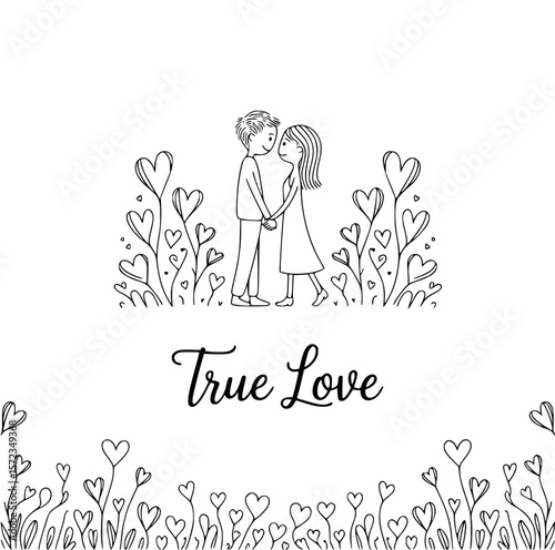 Eternal Hearts: A tender moment of two lovers, their hands entwined amidst a whimsical field of hearts. This illustration captures the essence of eternal love and romance.