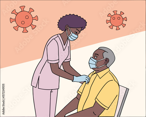 Nurse assists patient while wearing mask during pandemic illustration.
