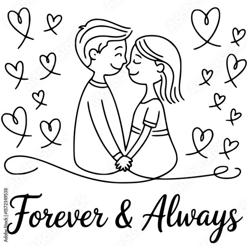 Eternal Hearts: A heartwarming sketch illustration shows a couple's embrace, surrounded by hearts with a lovely Forever & Always message beneath, perfect for expressing love and commitment.