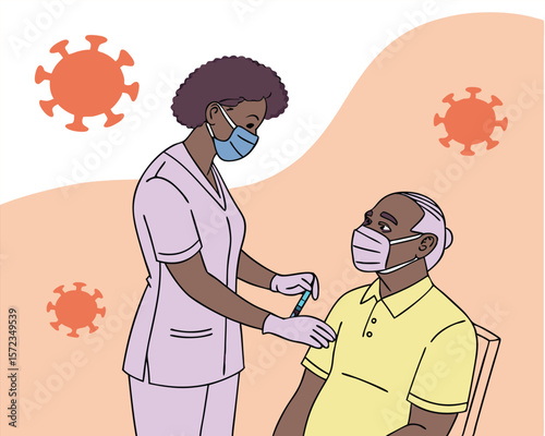 Healthcare professional administering vaccine injection to an older man on a neutral background