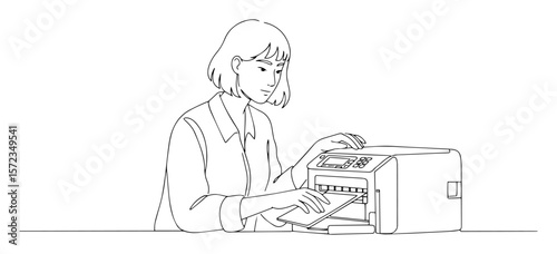 woman using printer office equipment line art