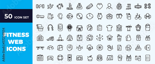 Fitness and sports icons set vector illustration with gym equipment workout exercise symbols for health and wellness design