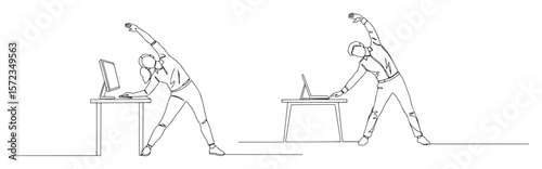 office workers stretching next to desks vector