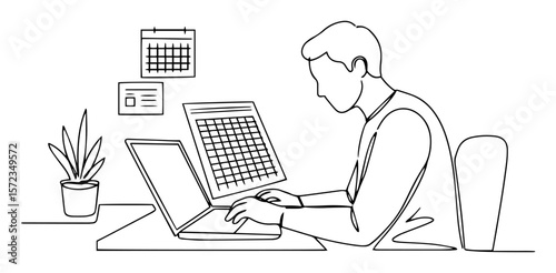 man working with calendar on laptop line art